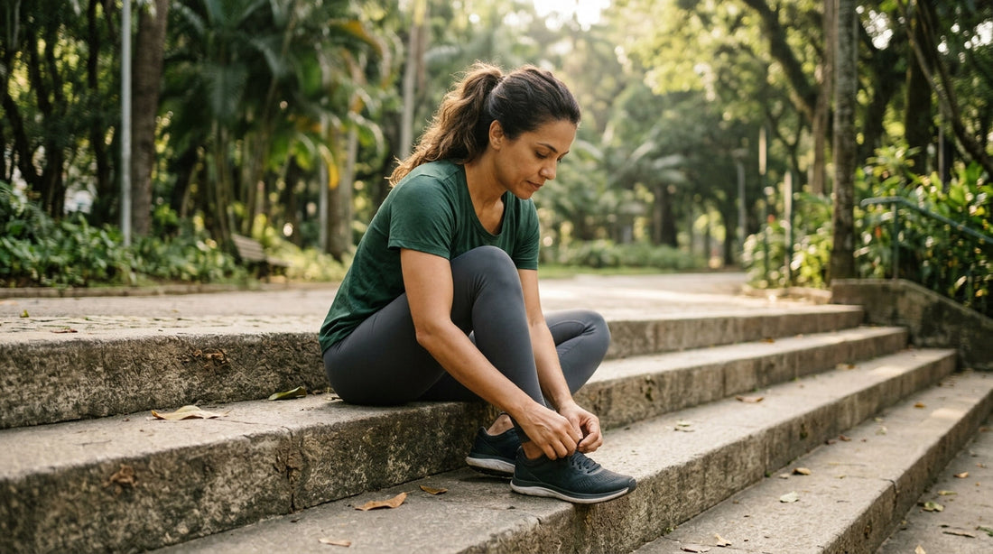 Mulher adulta sentada em escadaria ao ar livre amarrando o tênis antes do treino, em uma manhã ensolarada