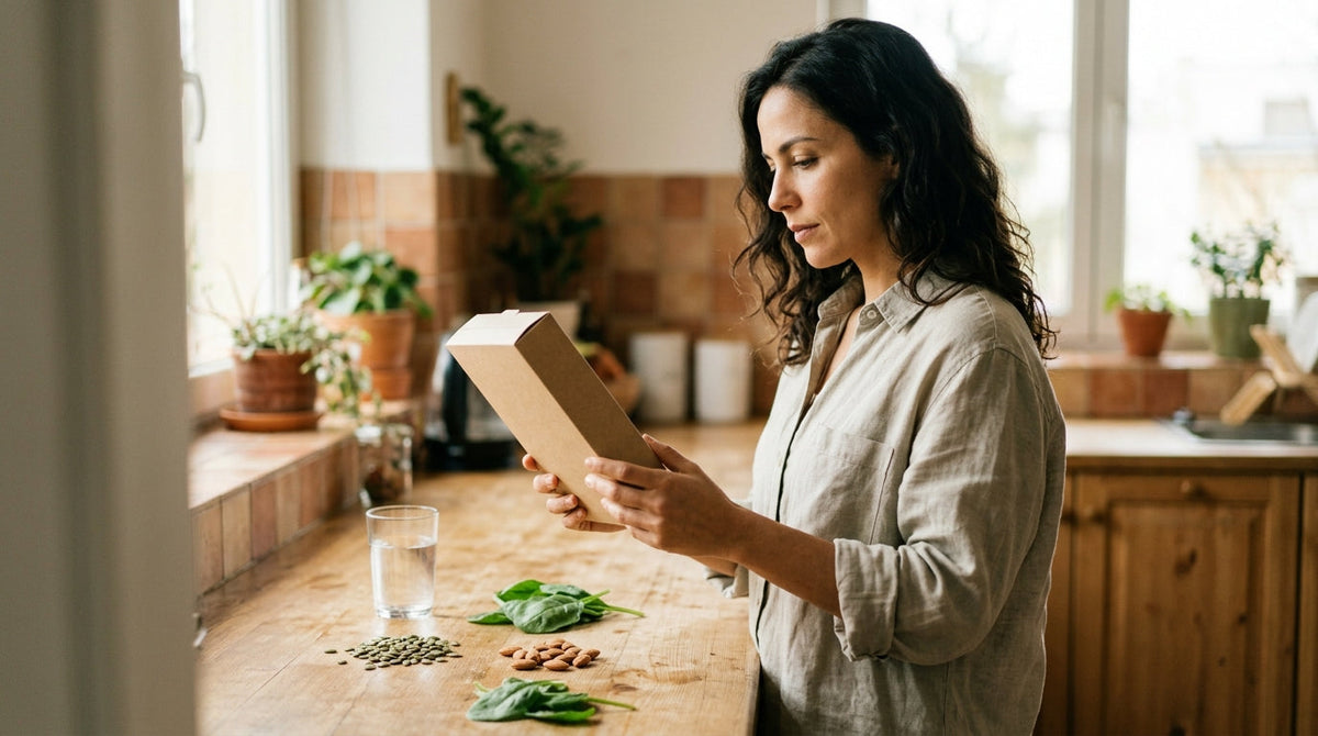 Mulher lendo a informação nutricional de uma embalagem de alimento em uma cozinha iluminada, com sementes, castanhas e folhas verdes sobre a bancada