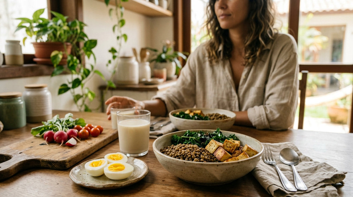 Mesa de cozinha com refeição vegetariana composta por lentilhas, tofu, folhas verdes, ovos cozidos e um copo de bebida vegetal sob luz natural