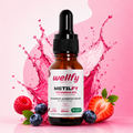 Metilfy Vitamina B12 Wellfy com frutas vermelhas em fundo rosa